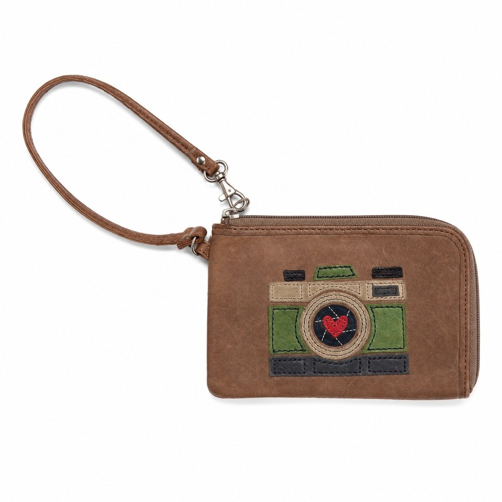 Fossil Camera Applique Wristlet‎ Womens OS Brown Lamb Leather Excellent Boho